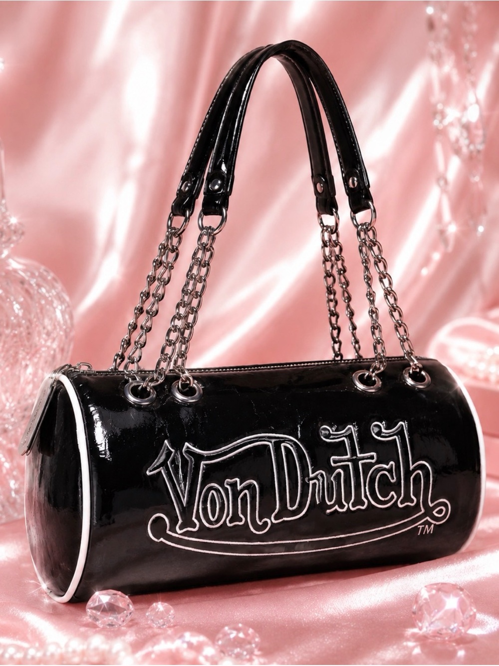 Von Dutch Black Patent Barrel Bag with White Trim